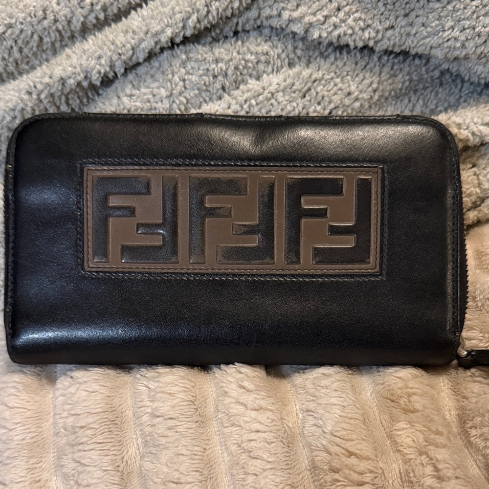 Fendi Black Leather Zip Wallet with Brown FF Logo Panel